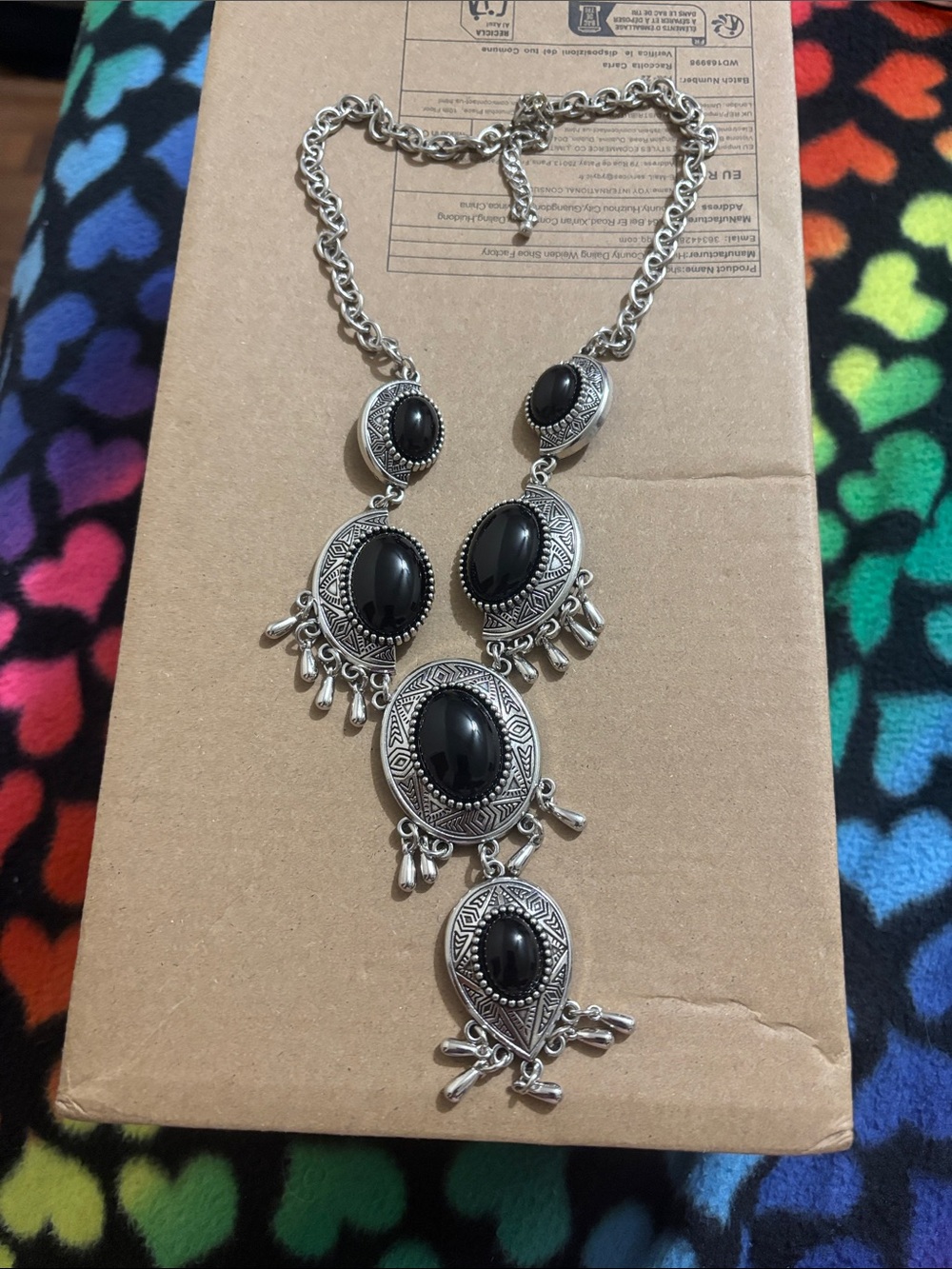 Boho Silver-Tone Necklace with Black Stones - Women Jewelry